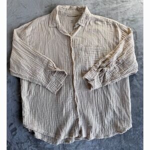 Aerie Gauze Button Shirt Womens Large Beige Boho Beach Cottagecore Top